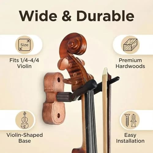 WOGOD Violin Wall Mount 6 Pack with Bow Holder, Real Hardwood Violin Shape Instrument Display Hooks for Violin, Viola, Universal String Instrument Holder thumbnail 2