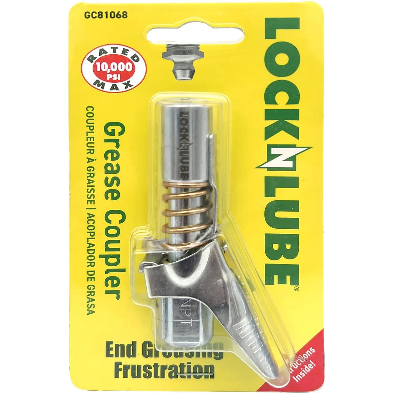 LockNLube Locking Grease Coupler 1/8" NPT 10,000 PSI | Heavy Duty Universal Grease Gun Tip — NPT No Spare Rebuild KIt