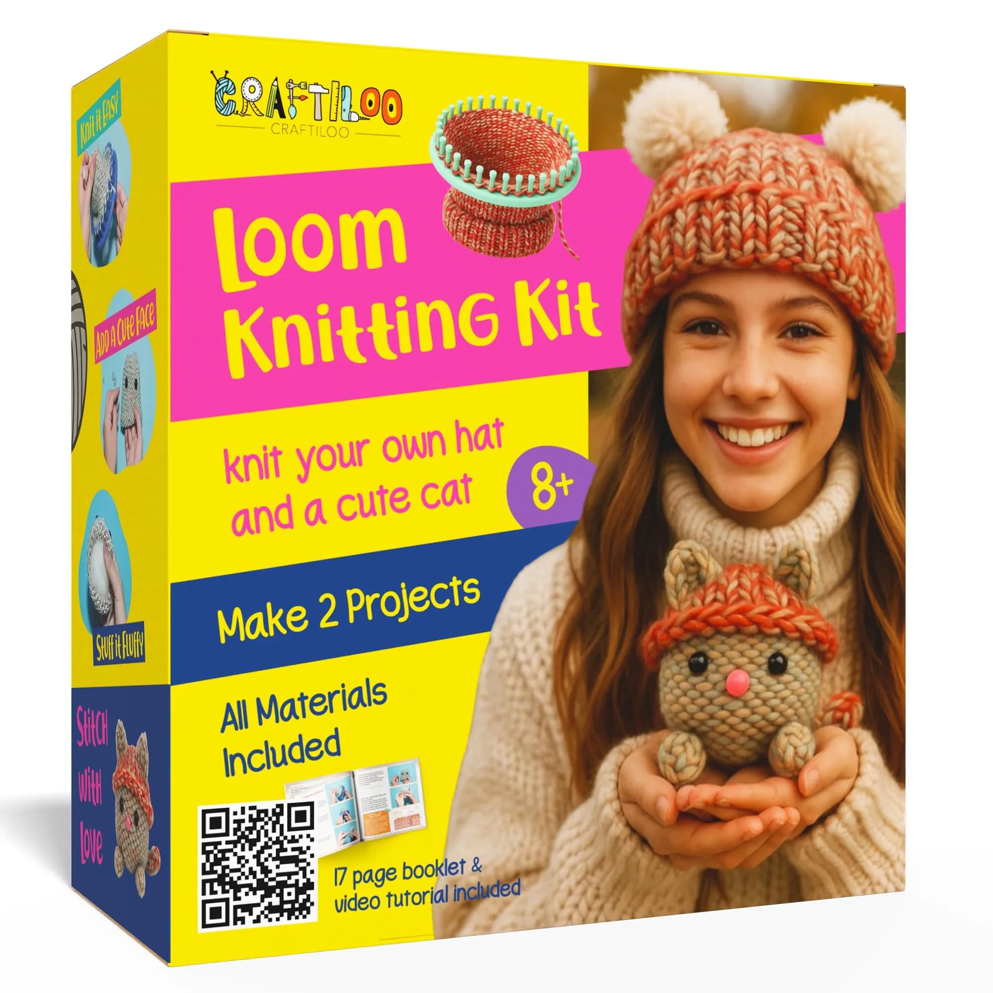 CRAFTILOO Beginner Loom Knitting Kit for Kids - Make a Hat & Cat | Ages 8+ | Includes 2 Looms, Yarn, Tools - main product image