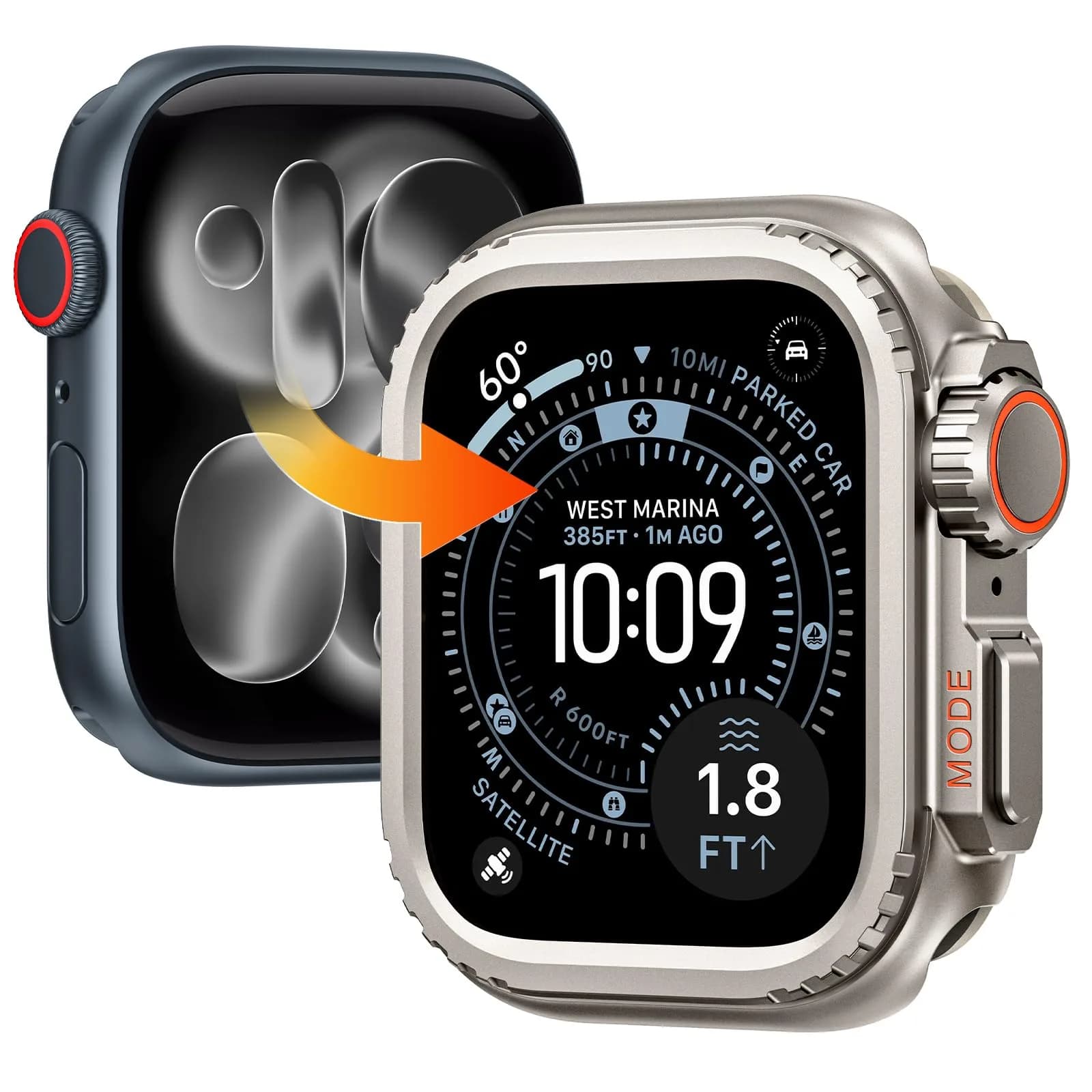 Goton Ultra-Look Metal Case for Apple Watch Series 9/8/7 45mm | Aluminum Alloy Bumper with Ceramic Back — Titanium Original / 42 mm