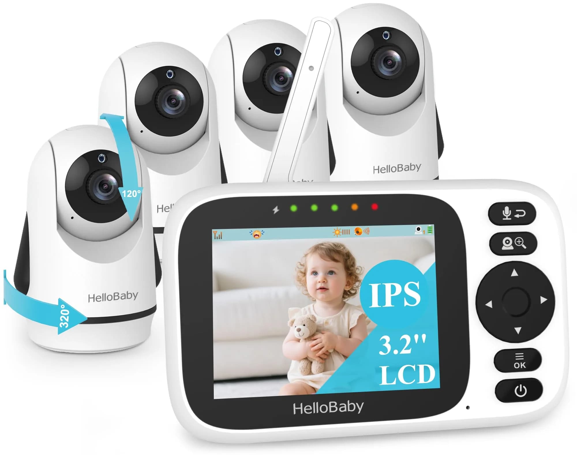 HelloBaby Baby Monitor 4 Cameras No WiFi with 3.2 Inch Screen - PTZ Camera | Secure 1000ft Range, Night Vision, 2-Way Audio - main product image
