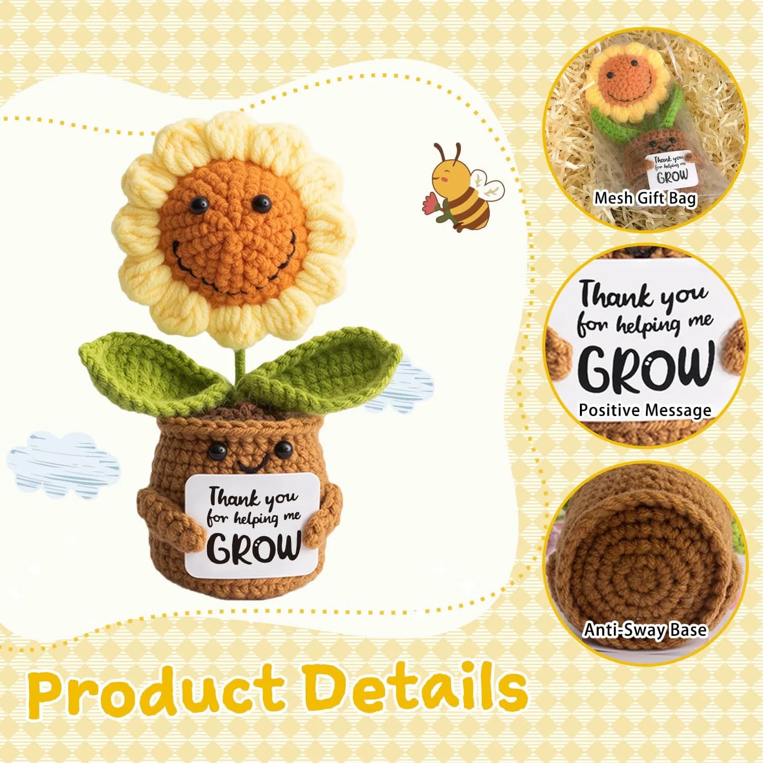 MS ZHENQIAO Emotional Support Crochet Plant Doll with Positive Card, Handmade Funny Knitting Toy Decor - view 3
