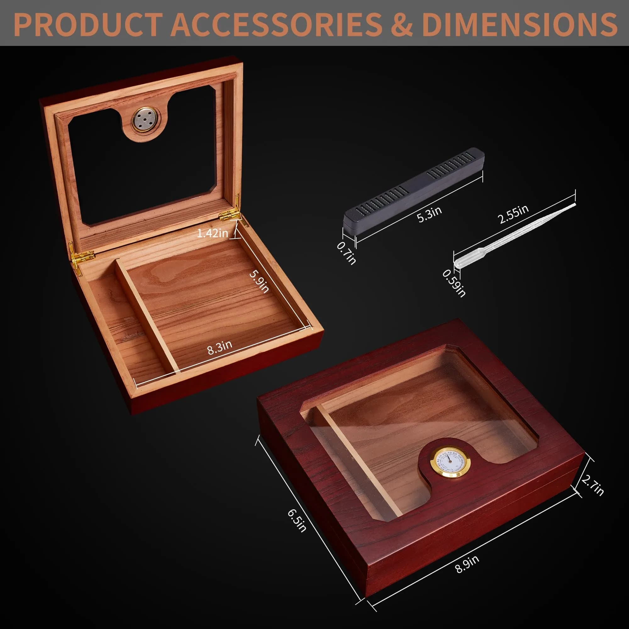 Somduy Cedar Wood Cigar Humidor for 25-30 Cigars with Humidifier & Hygrometer | Reddish Brown Classic Style - view 4