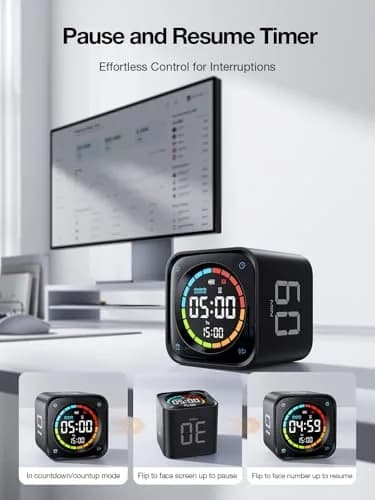Ticktime TK3 Pomodoro Timer Cube | 25/5 Min Presets, Custom Countdown, Silent Alarm, Retro Desk Clock, Black thumbnail 9
