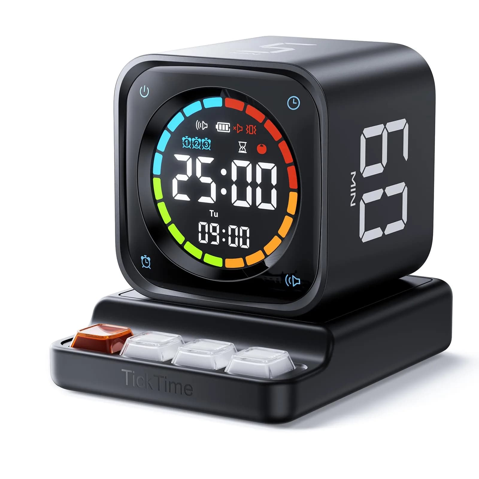 Ticktime TK3 Pomodoro Timer Cube | 25/5 Min Presets, Custom Countdown, Silent Alarm, Retro Desk Clock, Black - main product image