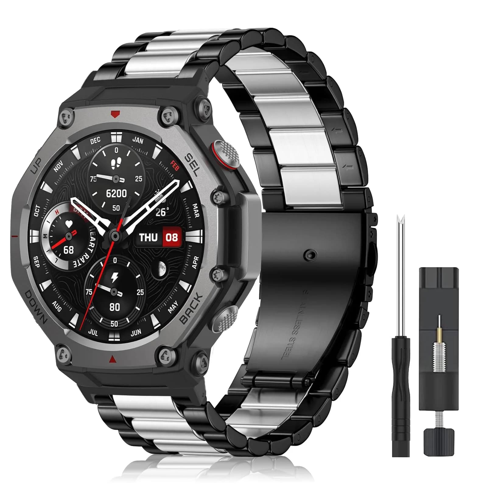 CeiLarv Metal Watch Band for Amazfit T-Rex 3 | Stainless Steel, Adjustable, Silver — Black Silver / Amazfit T-Rex 3