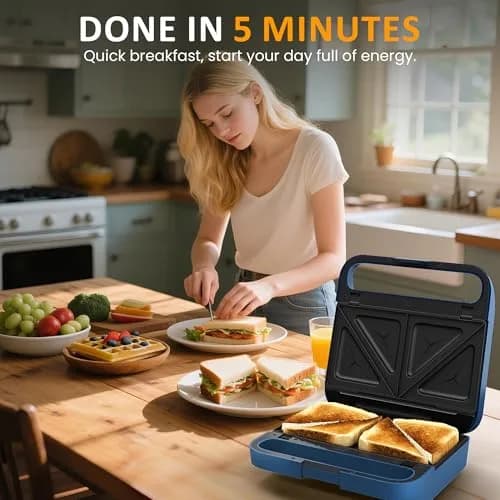 SUNVIVI 3 in 1 Electric Sandwich Maker with Removable Nonstick Plates | 850W, Blue thumbnail 4