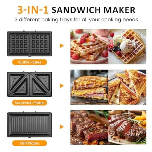 SUNVIVI 3 in 1 Electric Sandwich Maker with Removable Nonstick Plates | 850W, Blue thumbnail 3