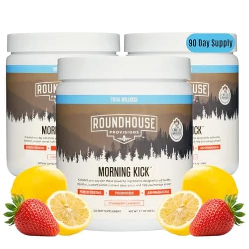 ROUNDHOUSE PROVISION Morning Kick Greens, Strawberry Lemonade, 3 Pack | Sugar-Free Gut & Energy Support thumbnail 1