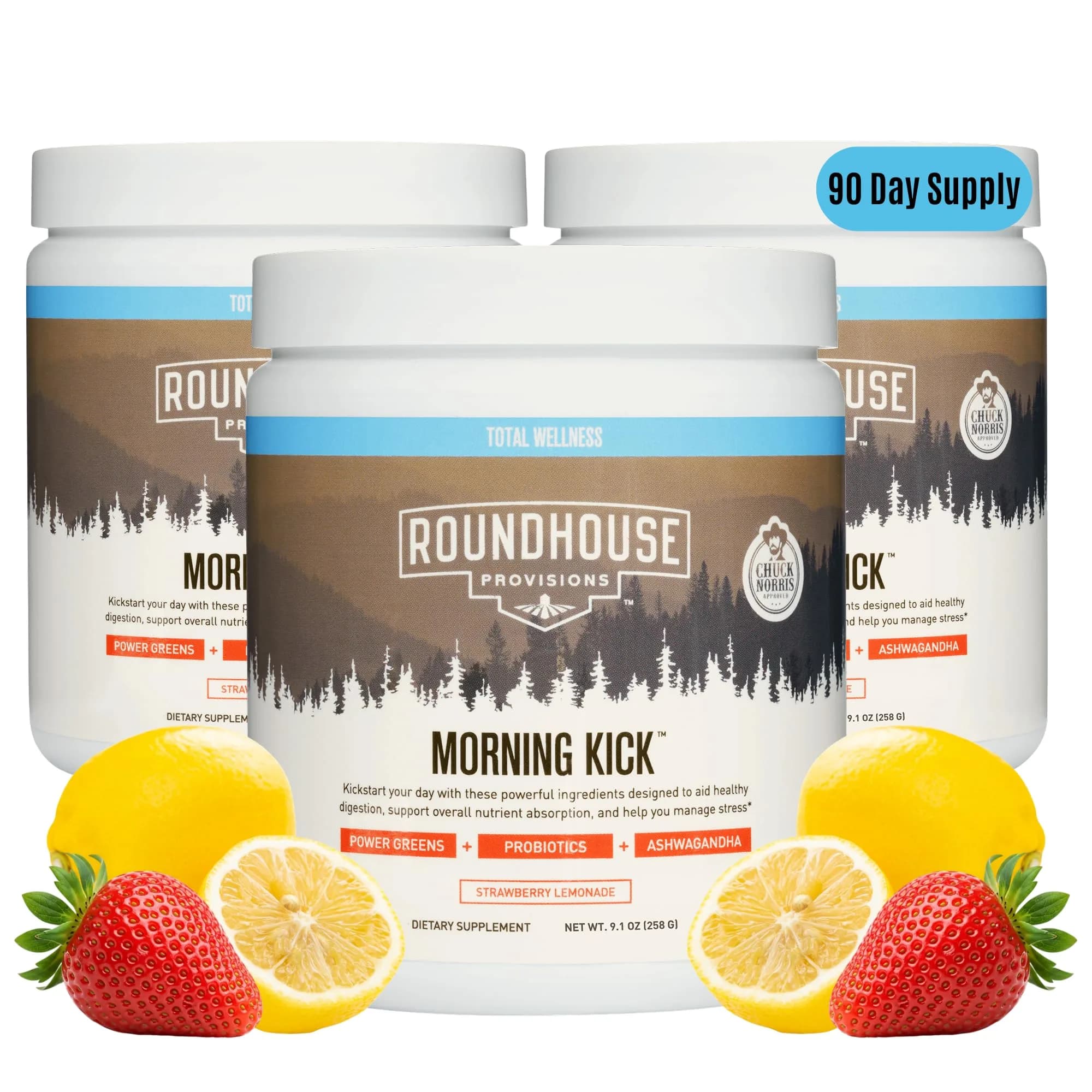 ROUNDHOUSE PROVISION Morning Kick Greens, Strawberry Lemonade, 3 Pack | Sugar-Free Gut & Energy Support