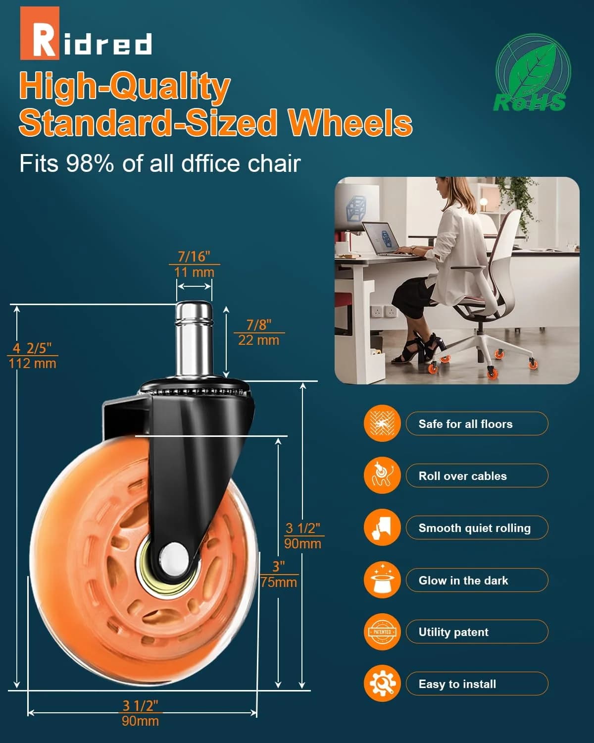 RidRed Orange Gaming Chair Wheels Heavy Duty Office Chair Casters (5-Pack, 294.83kg (650 lb) Capacity) - view 2