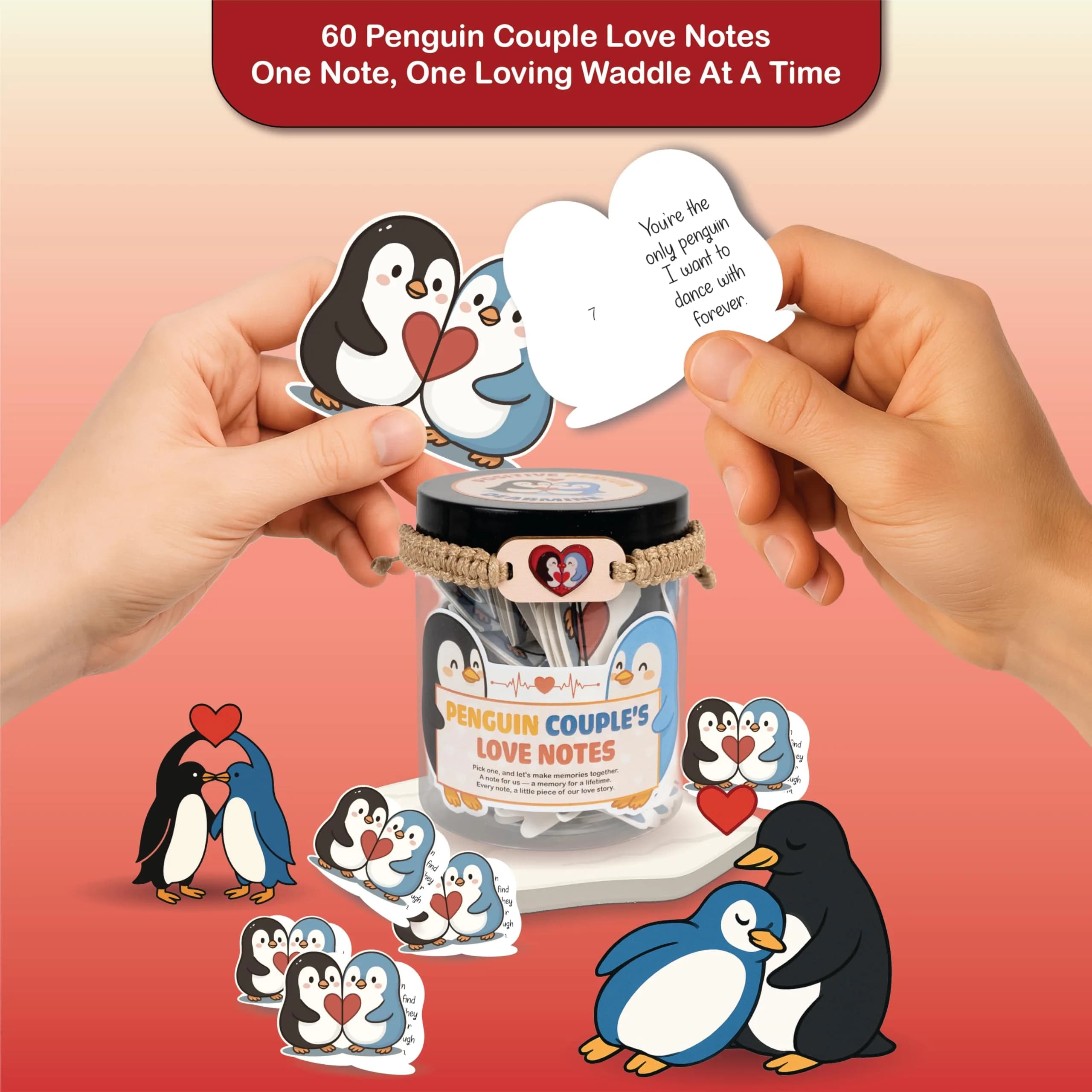 DEARMINE Penguin Couple's Love Notes Jar | 60 Affirmation Cards for Him Her - view 3