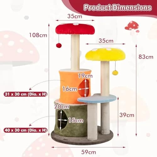 PETSITE Mushroom Cat Tree 43 Inch | Multi-Level Cat Tower with Sisal Posts & Plush Perches thumbnail 9