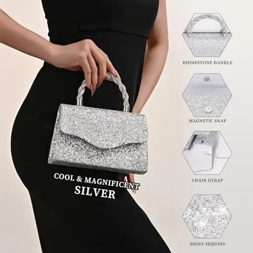 JIAN YA NA Women's Sequins Evening Bag with Round Top Handle & Detachable Chain | 21 cm (8") thumbnail 4