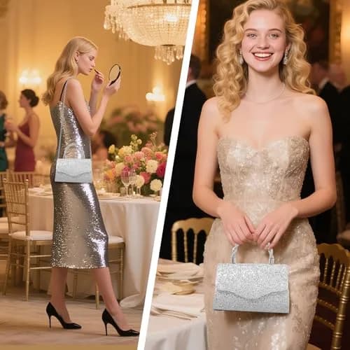 JIAN YA NA Women's Sequins Evening Bag with Round Top Handle & Detachable Chain | 21 cm (8") thumbnail 2