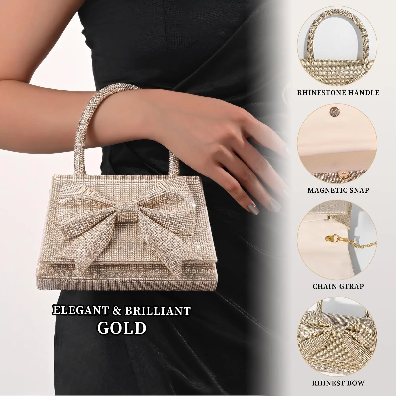 JIAN YA NA Rhinestone Trihedral Clutch Evening Bag - Luxury Gold Bow - view 3