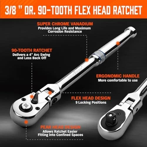 HORUSDY 3/8" Drive 90-Tooth Flex Head Ratchet Handle, 180° Adjustable CR-V Ratchet with Quick Release & Reversible Switch, 4° Swing Arc Socket Wrench for Automotive, Bike & DIY Repair | Heavy-Duty CR-V Steel thumbnail 4