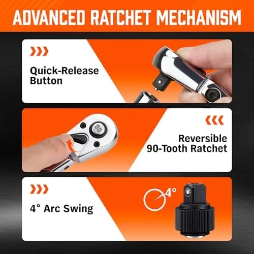 HORUSDY 3/8" Drive 90-Tooth Flex Head Ratchet Handle, 180° Adjustable CR-V Ratchet with Quick Release & Reversible Switch, 4° Swing Arc Socket Wrench for Automotive, Bike & DIY Repair | Heavy-Duty CR-V Steel thumbnail 5