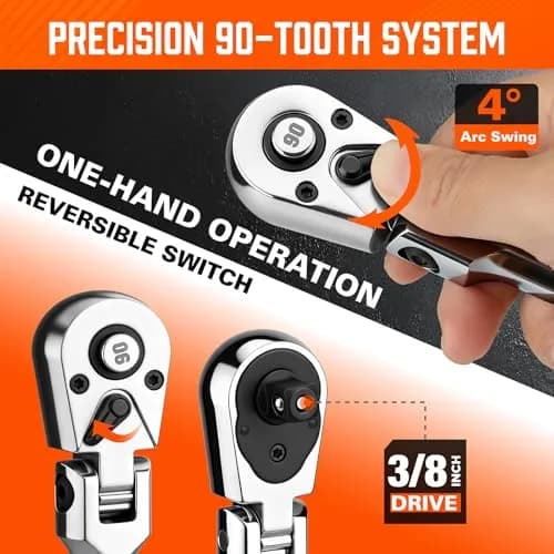 HORUSDY 3/8" Drive 90-Tooth Flex Head Ratchet Handle, 180° Adjustable CR-V Ratchet with Quick Release & Reversible Switch, 4° Swing Arc Socket Wrench for Automotive, Bike & DIY Repair | Heavy-Duty CR-V Steel thumbnail 6