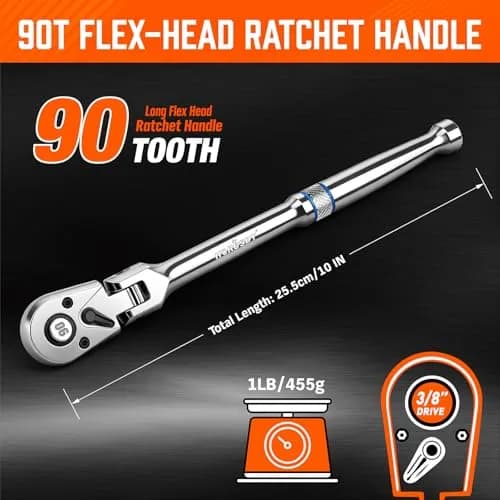 HORUSDY 3/8" Drive 90-Tooth Flex Head Ratchet Handle, 180° Adjustable CR-V Ratchet with Quick Release & Reversible Switch, 4° Swing Arc Socket Wrench for Automotive, Bike & DIY Repair | Heavy-Duty CR-V Steel thumbnail 2