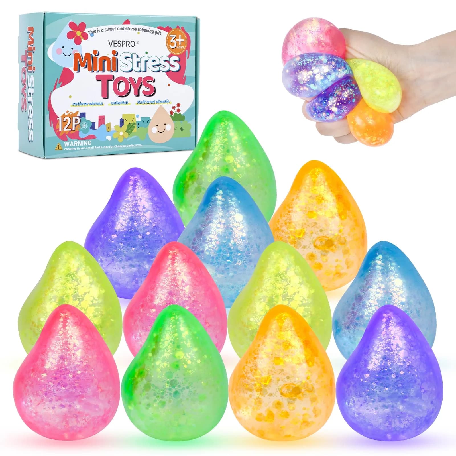 VESPRO 12 Pack Fidget Stress Balls 4.1cm (1.6in) | Non-Toxic, BPA-Free, ASTM-Tested