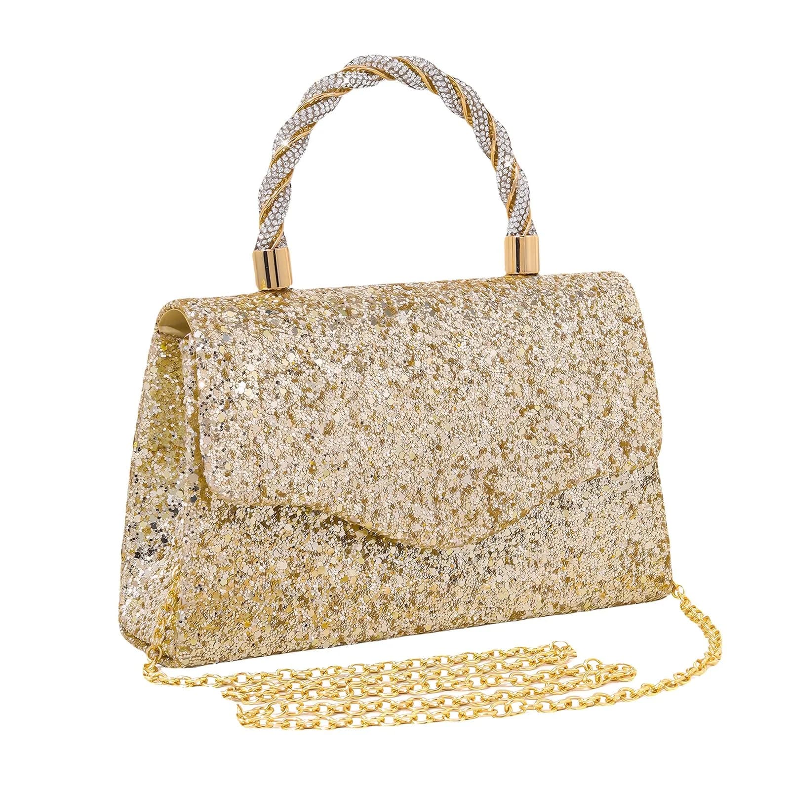 JIAN YA NA Rhinestone Trihedral Clutch Evening Bag - Square Sequins Gold - main product image