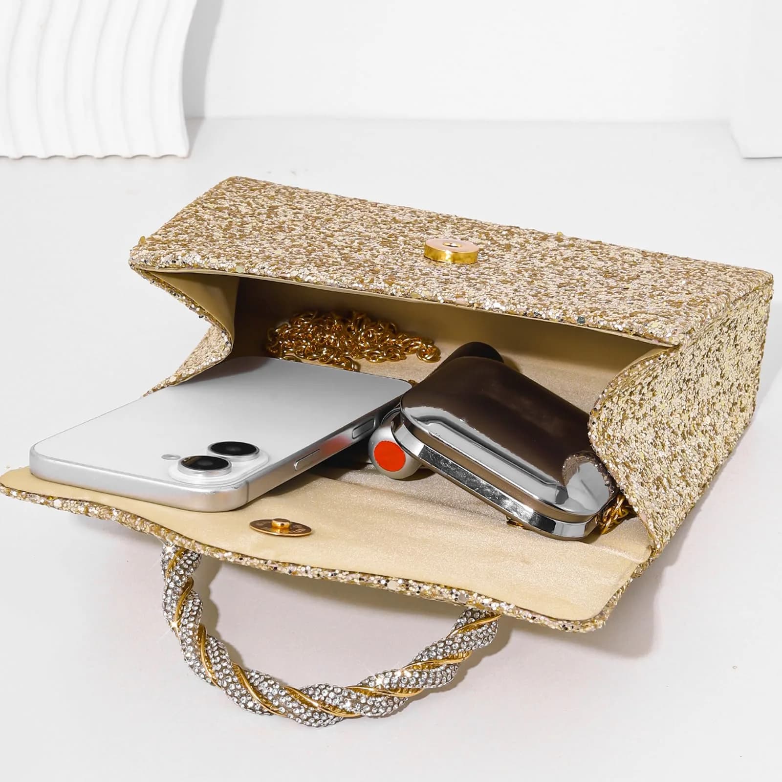 JIAN YA NA Rhinestone Trihedral Clutch Evening Bag - Square Sequins Gold - view 3