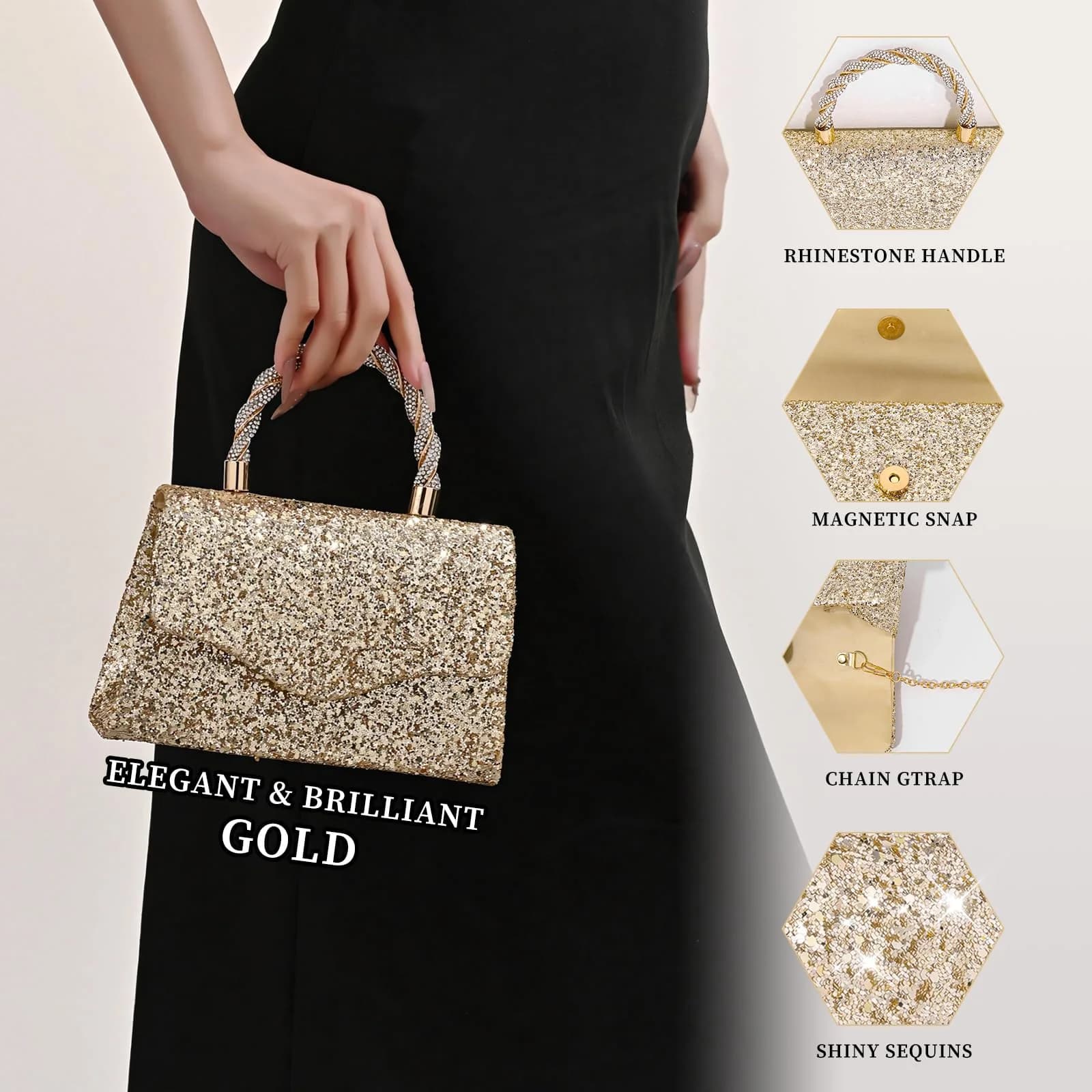 JIAN YA NA Rhinestone Trihedral Clutch Evening Bag - Square Sequins Gold - view 4