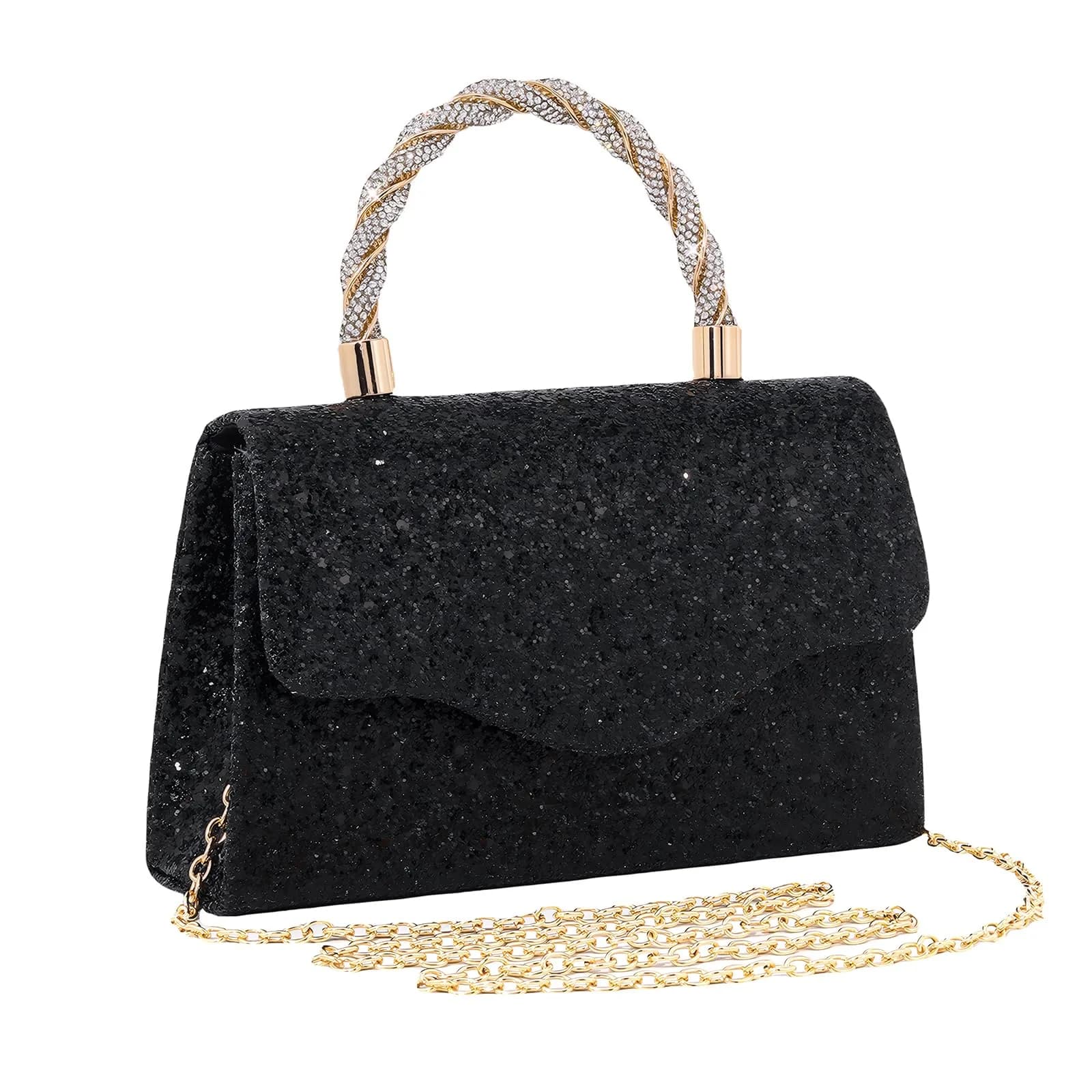 JIAN YA NA Rhinestone Trihedral Clutch Evening Bag - Square Sequins Black - main product image