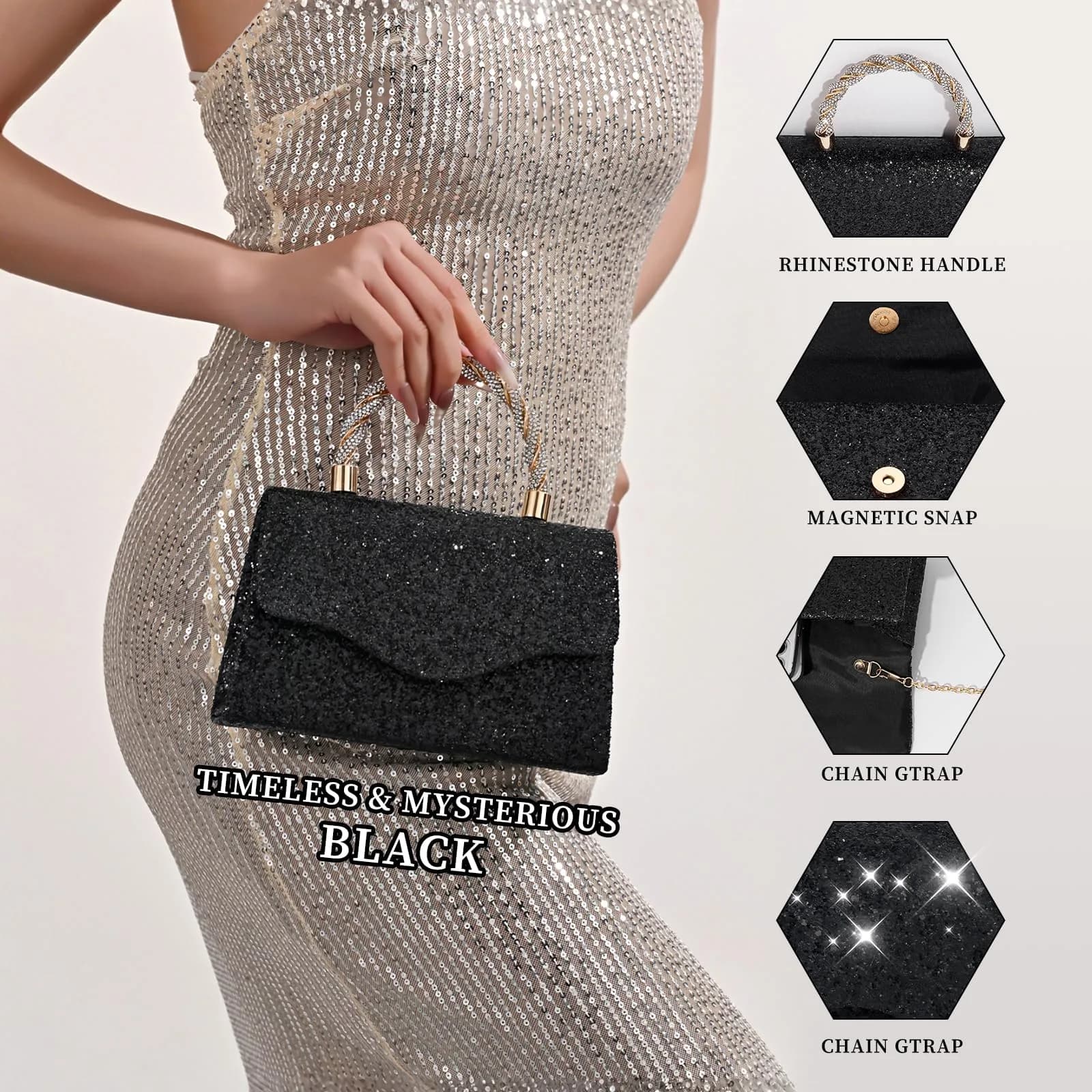 JIAN YA NA Rhinestone Trihedral Clutch Evening Bag - Square Sequins Black - view 4