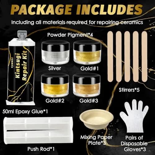 TJINHEZ Kintsugi Repair Kit | Food Safe Gold & Silver for Ceramics (Complete Set) thumbnail 2