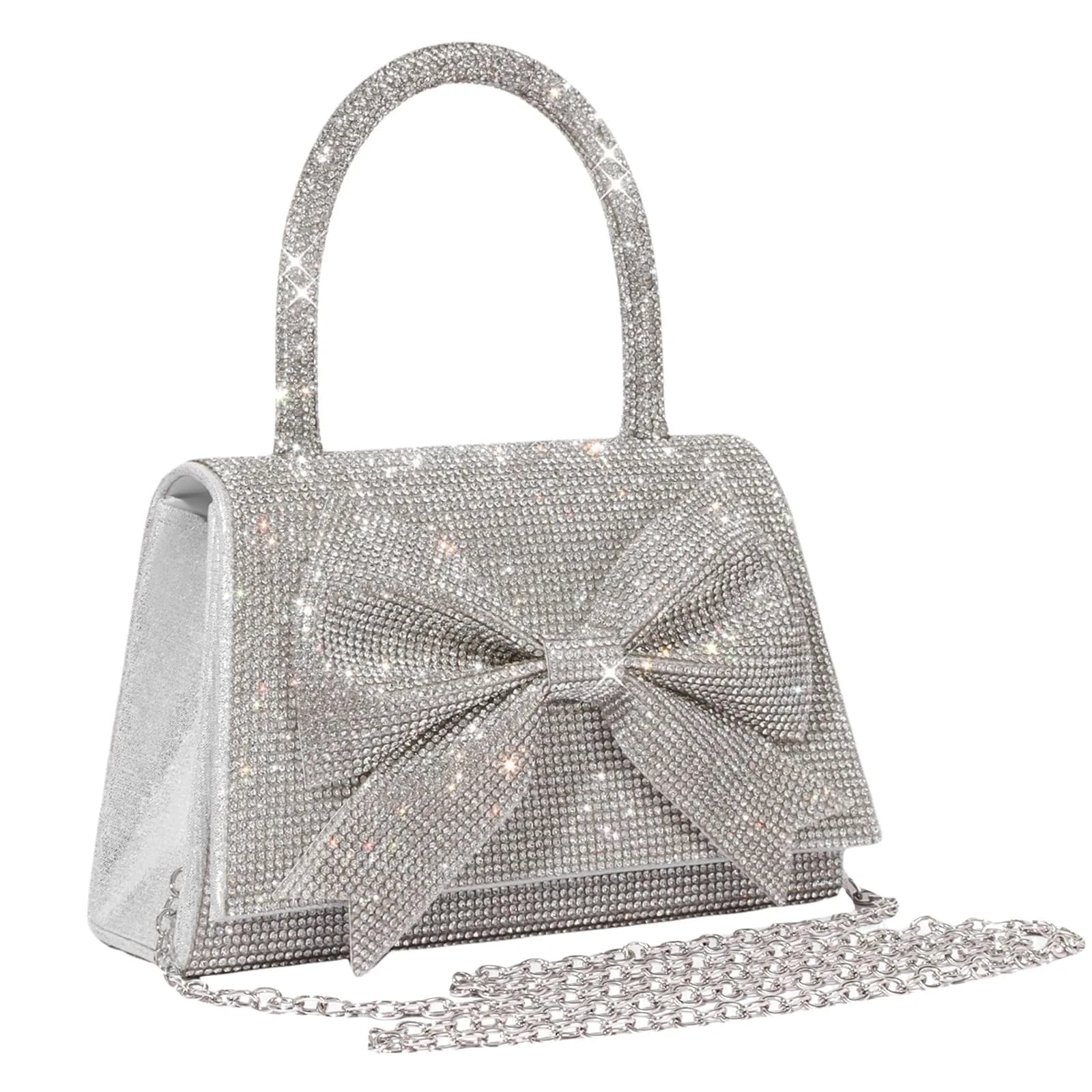 JIAN YA NA Square Bow Silver Rhinestone Trihedral Clutch Evening Bag 11.3cm x 15.5cm | Bling Zipper Wedding Purse - main product image