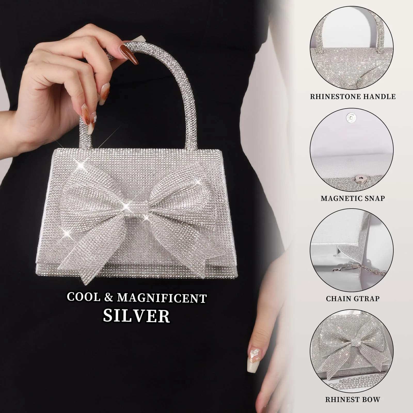 JIAN YA NA Square Bow Silver Rhinestone Trihedral Clutch Evening Bag 11.3cm x 15.5cm | Bling Zipper Wedding Purse - view 3