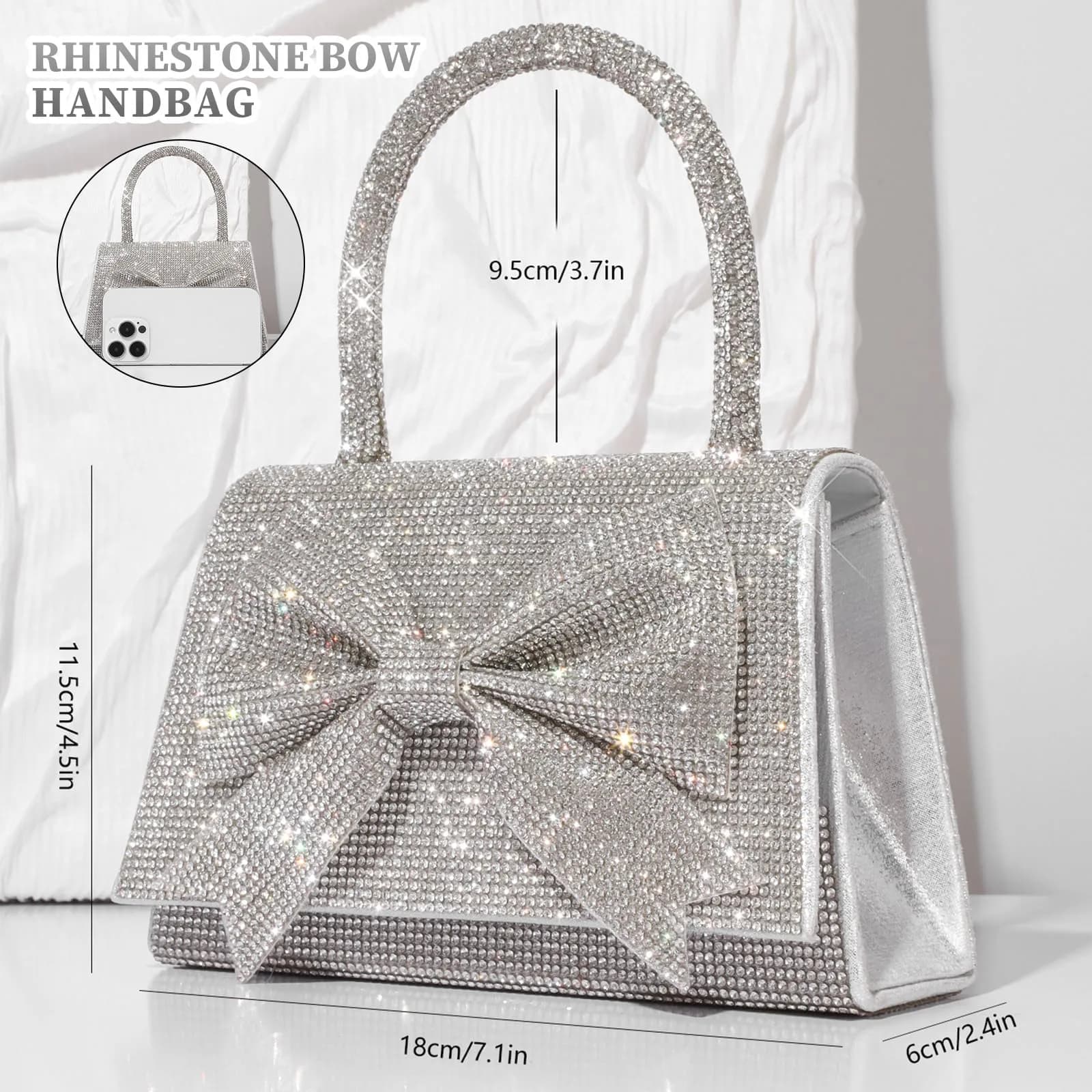 JIAN YA NA Square Bow Silver Rhinestone Trihedral Clutch Evening Bag 11.3cm x 15.5cm | Bling Zipper Wedding Purse - view 4