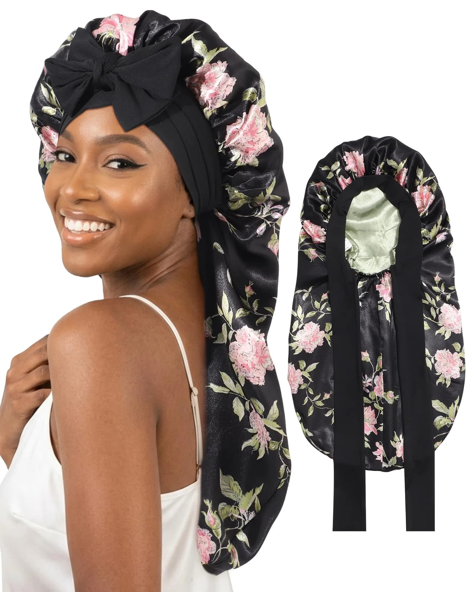 AWAYTR Long Double Layer Satin Bonnet for Braids - Black Flower+green - main product image