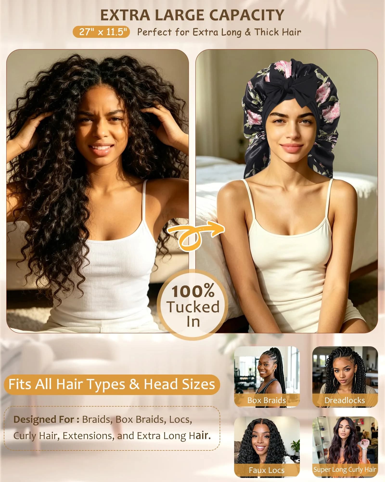 AWAYTR Long Double Layer Satin Bonnet for Braids - Black Flower+green - view 2