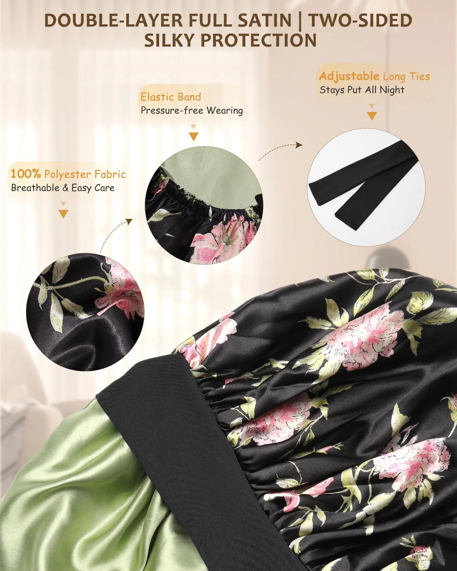 AWAYTR Long Double Layer Satin Bonnet for Braids - Black Flower+green - view 3