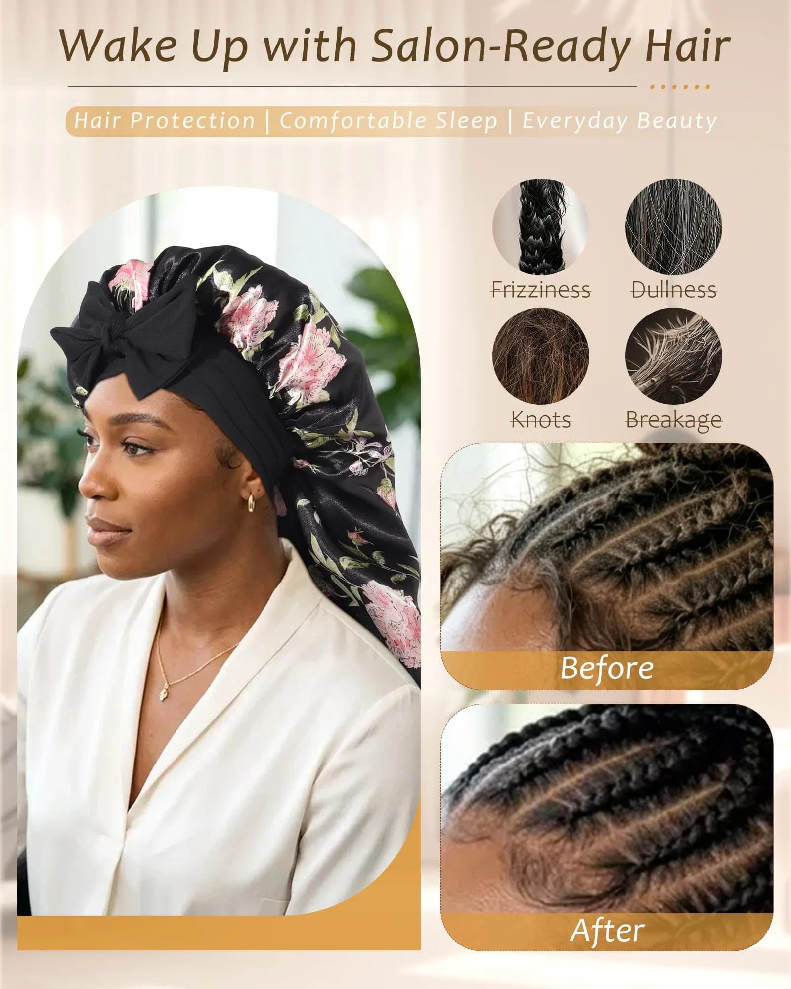 AWAYTR Long Double Layer Satin Bonnet for Braids - Black Flower+green - view 4