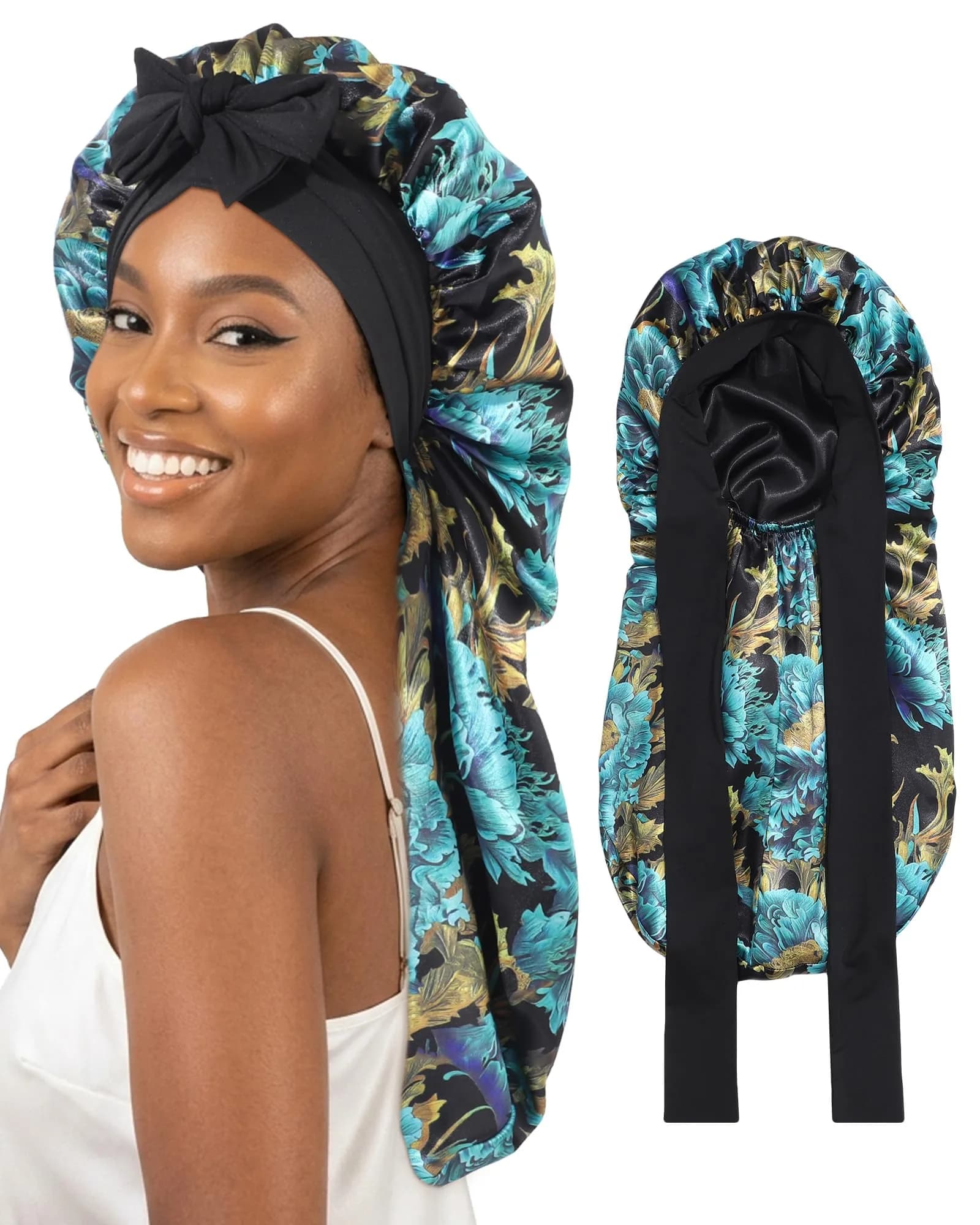 AWAYTR Extra Long Satin Bonnet for Braids - Print+Black Double Layer with Straps - main product image