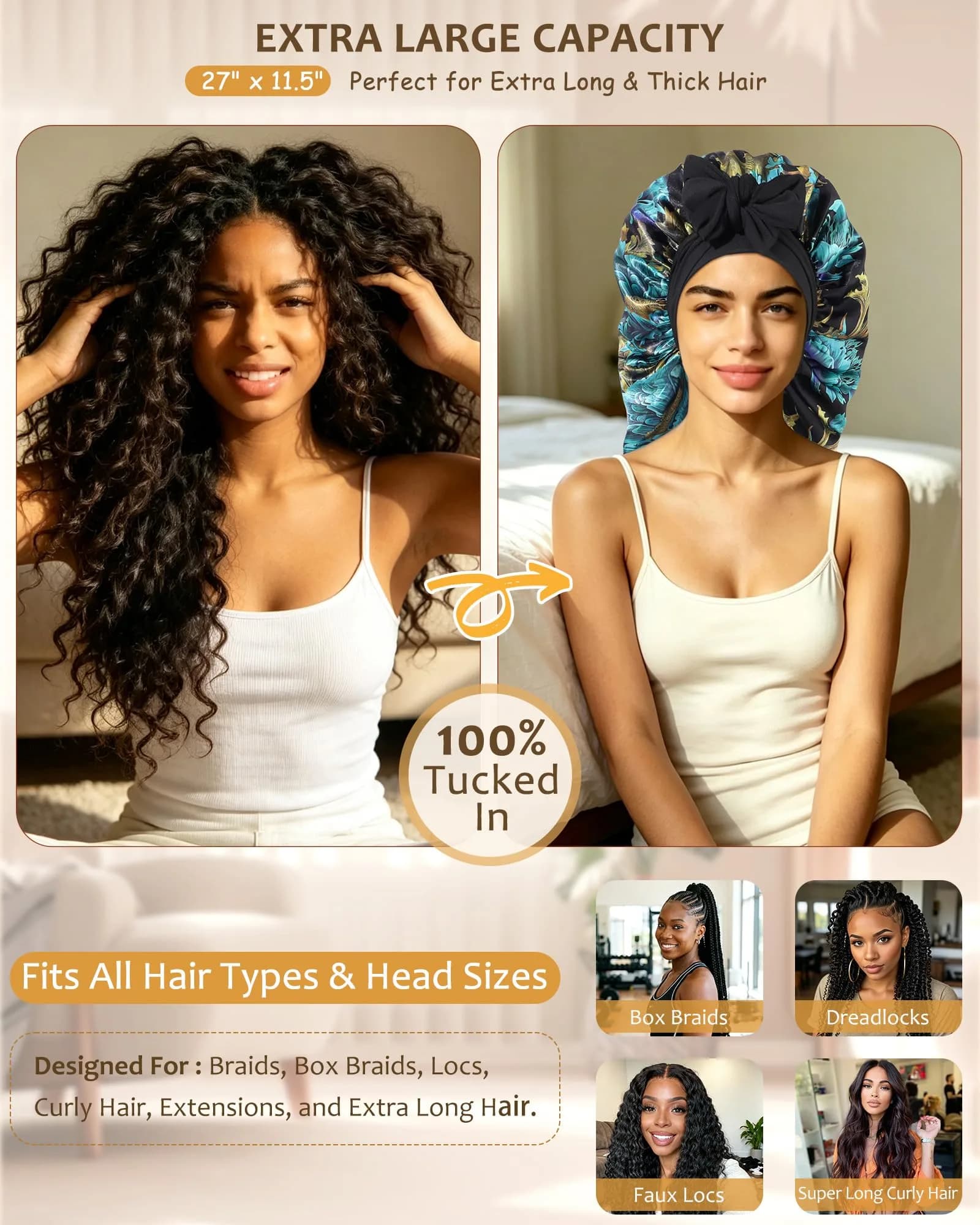 AWAYTR Extra Long Satin Bonnet for Braids - Print+Black Double Layer with Straps - view 2