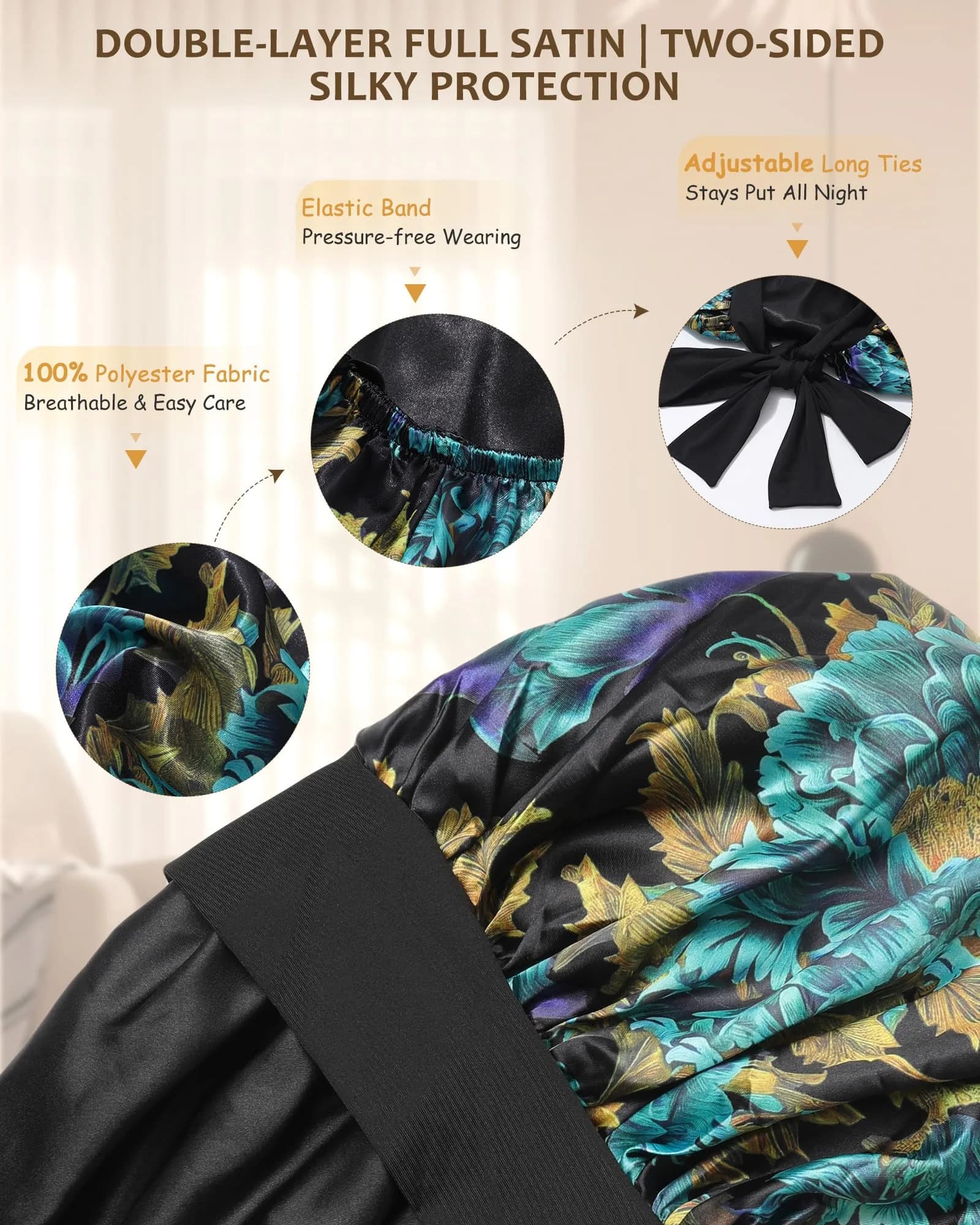 AWAYTR Extra Long Satin Bonnet for Braids - Print+Black Double Layer with Straps - view 3