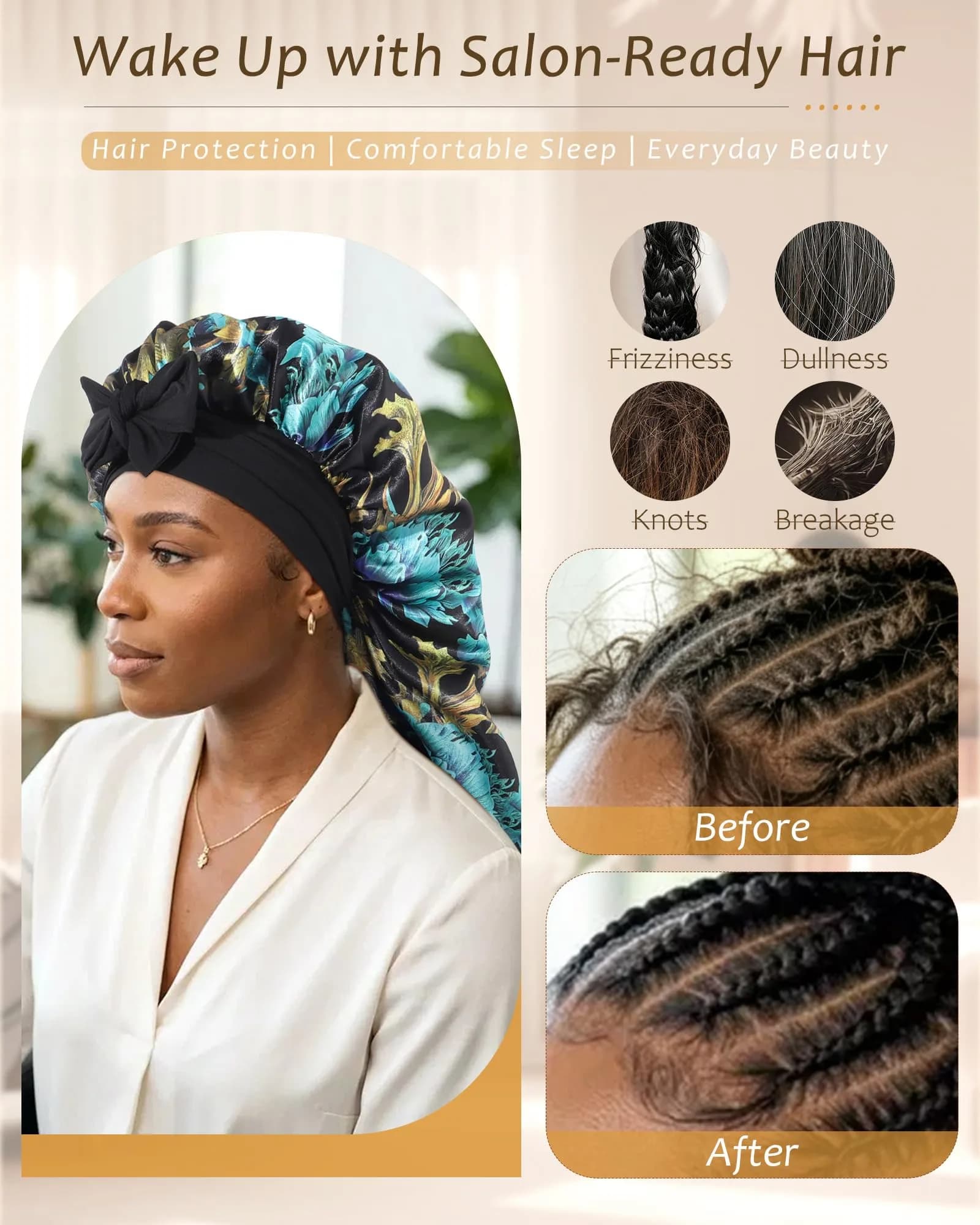 AWAYTR Extra Long Satin Bonnet for Braids - Print+Black Double Layer with Straps - view 4