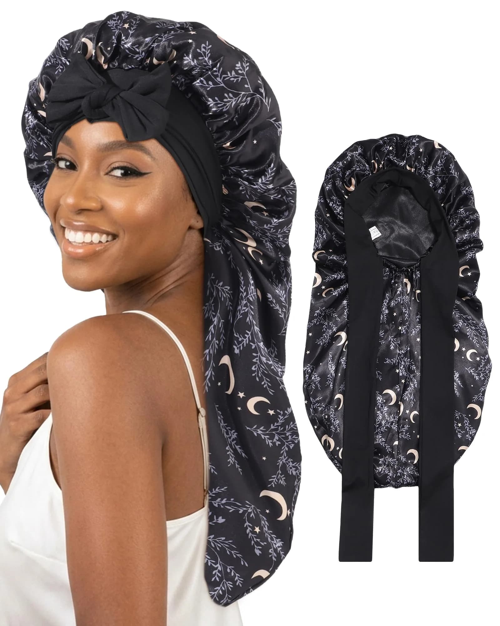 AWAYTR Long Satin Bonnet for Braids - Star and Moon+black Double Layer Hair Bonnet with Straps - main product image