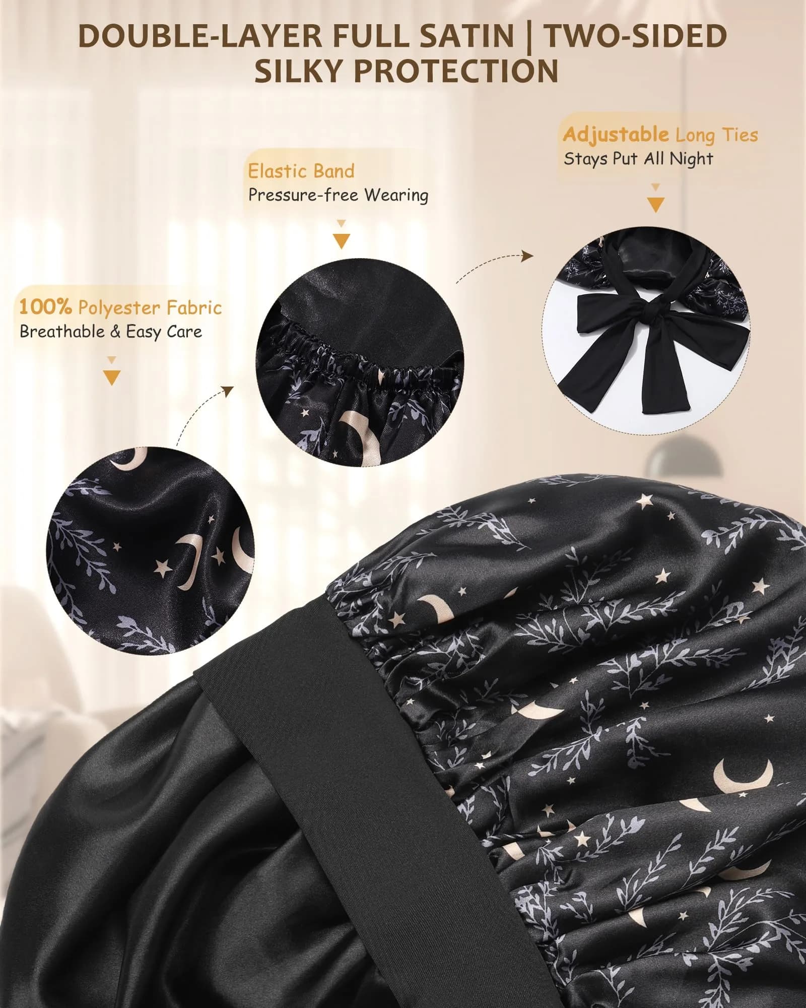 AWAYTR Long Satin Bonnet for Braids - Star and Moon+black Double Layer Hair Bonnet with Straps - view 3