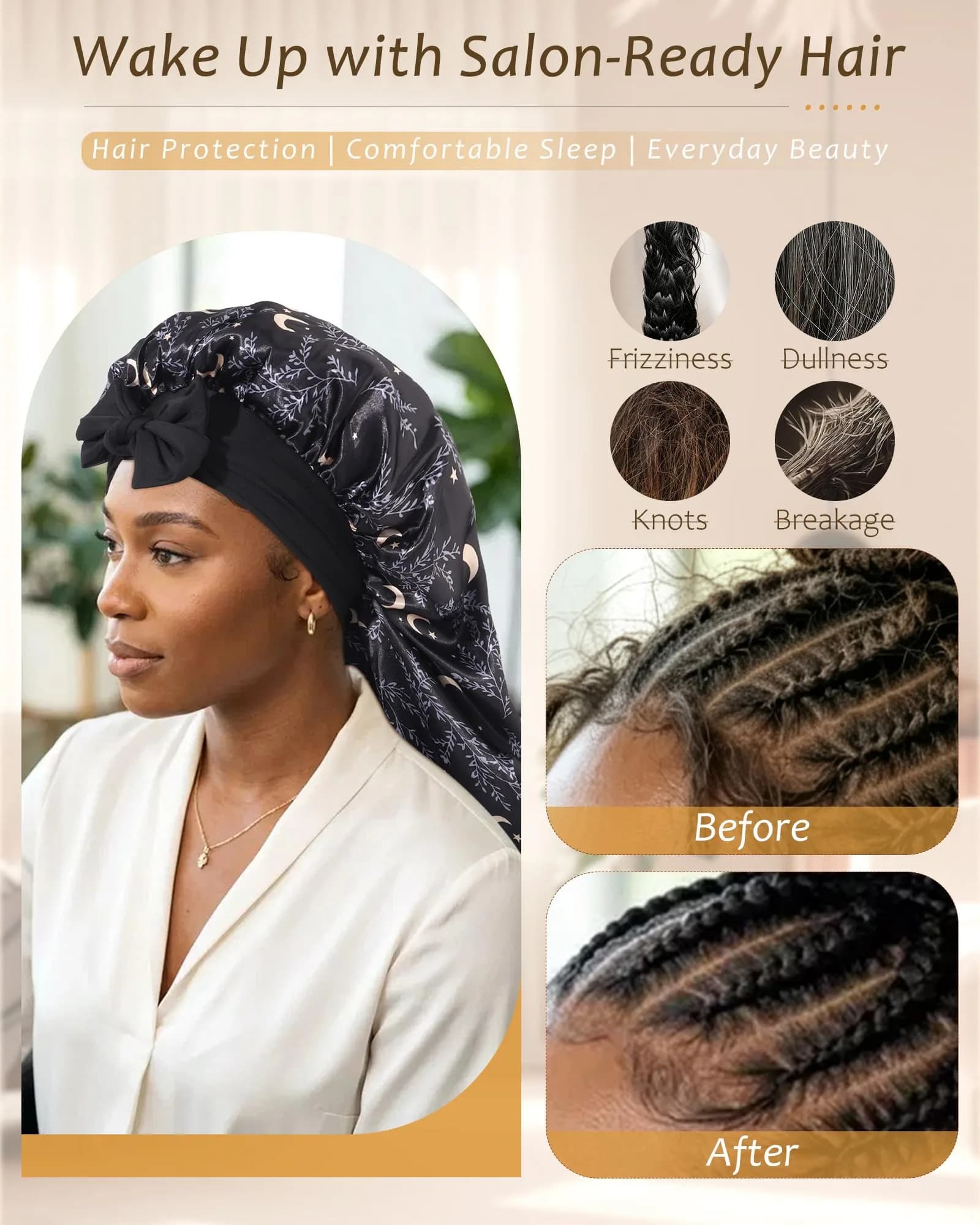 AWAYTR Long Satin Bonnet for Braids - Star and Moon+black Double Layer Hair Bonnet with Straps - view 4