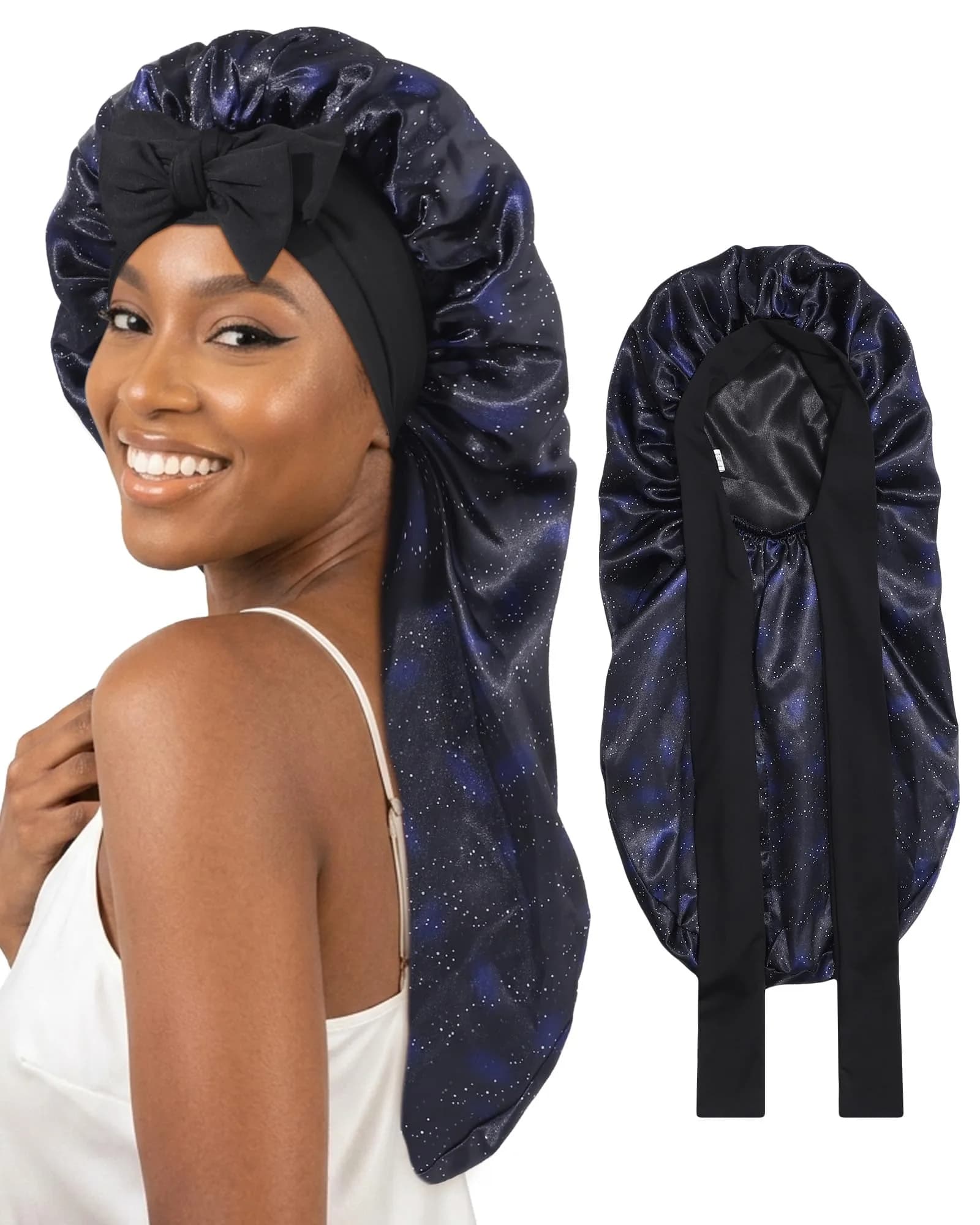 AWAYTR Long Double Layer Satin Bonnet for Braids - Nebula+Black with Straps - main product image