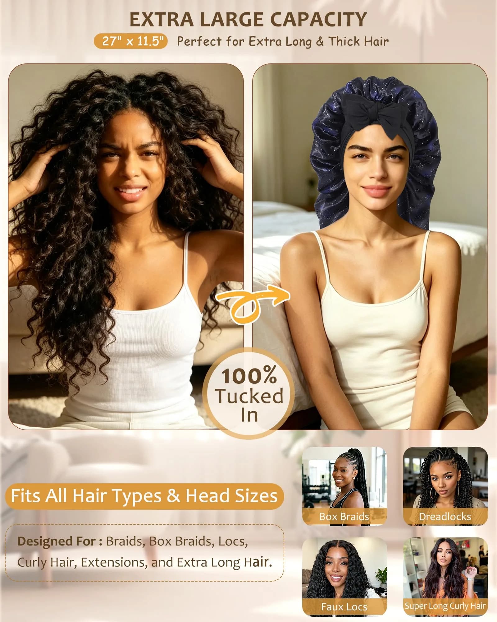 AWAYTR Long Double Layer Satin Bonnet for Braids - Nebula+Black with Straps - view 2