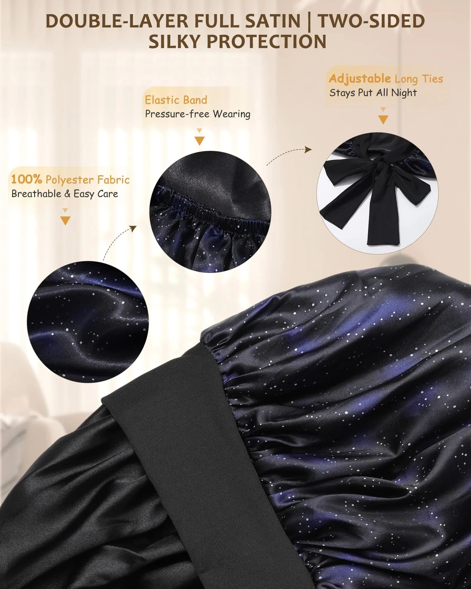 AWAYTR Long Double Layer Satin Bonnet for Braids - Nebula+Black with Straps - view 3