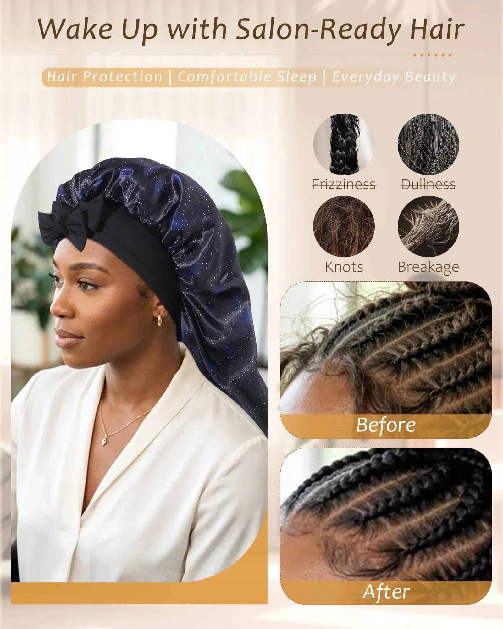 AWAYTR Long Double Layer Satin Bonnet for Braids - Nebula+Black with Straps - view 4