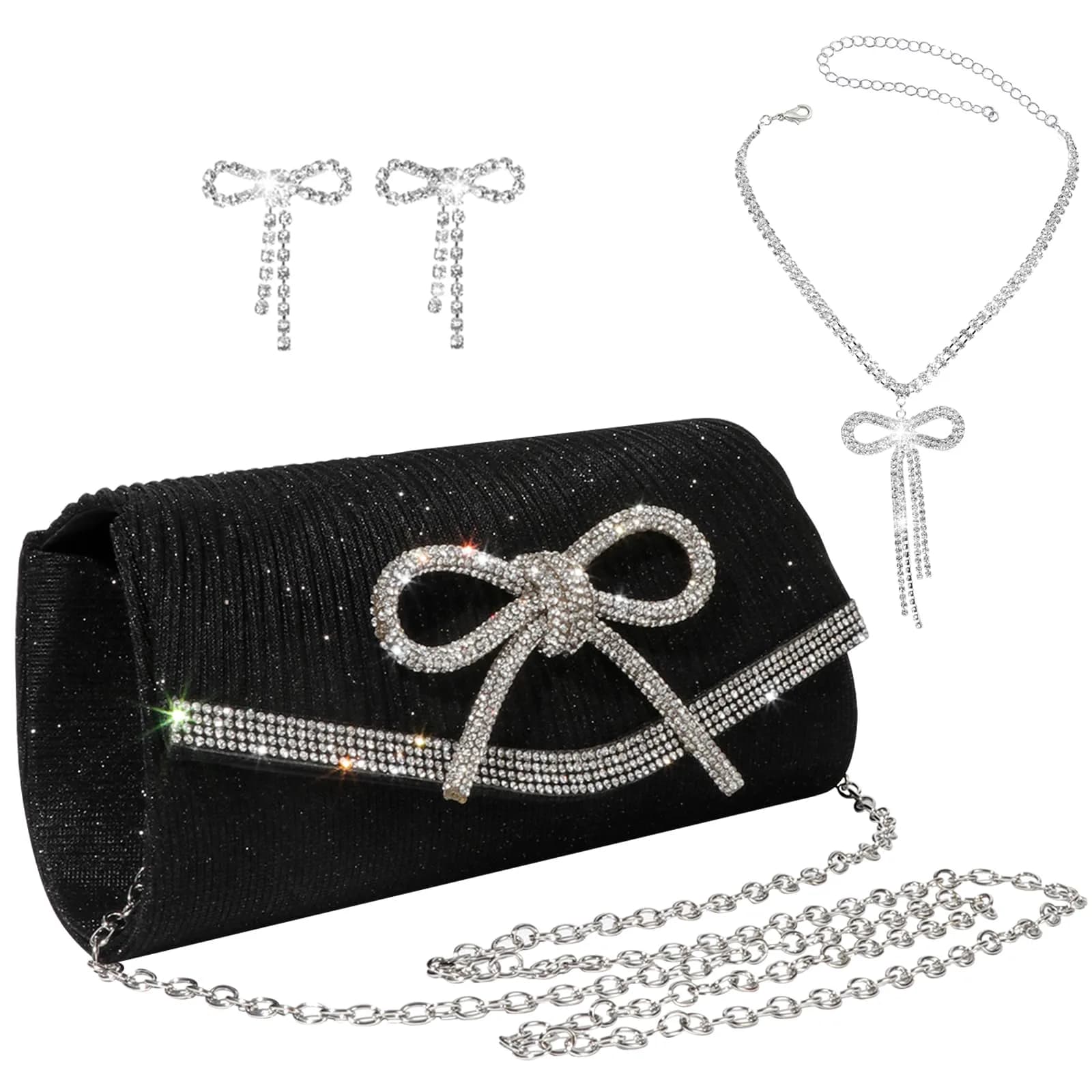 JIAN YA NA Rhinestone Trihedral Clutch Evening Bag with Delicate Black Bow - 11.3cm x 15.5cm - main product image